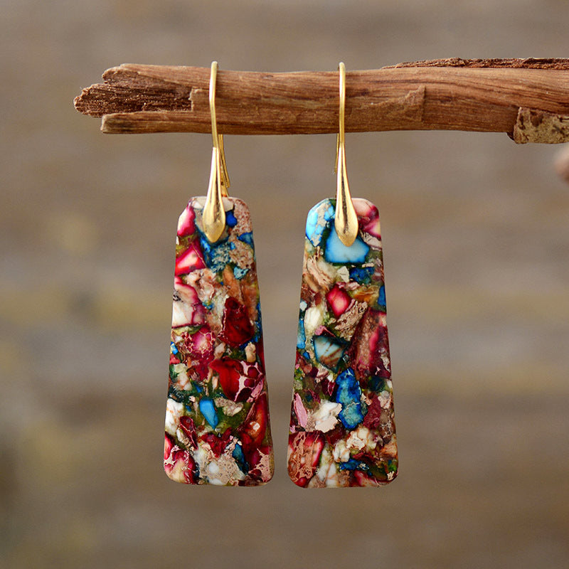 Handcrafted Mosaic Jasper and Turquoise Healing Drop Earrings with Gold-Plated Hooks for Spiritual Balance