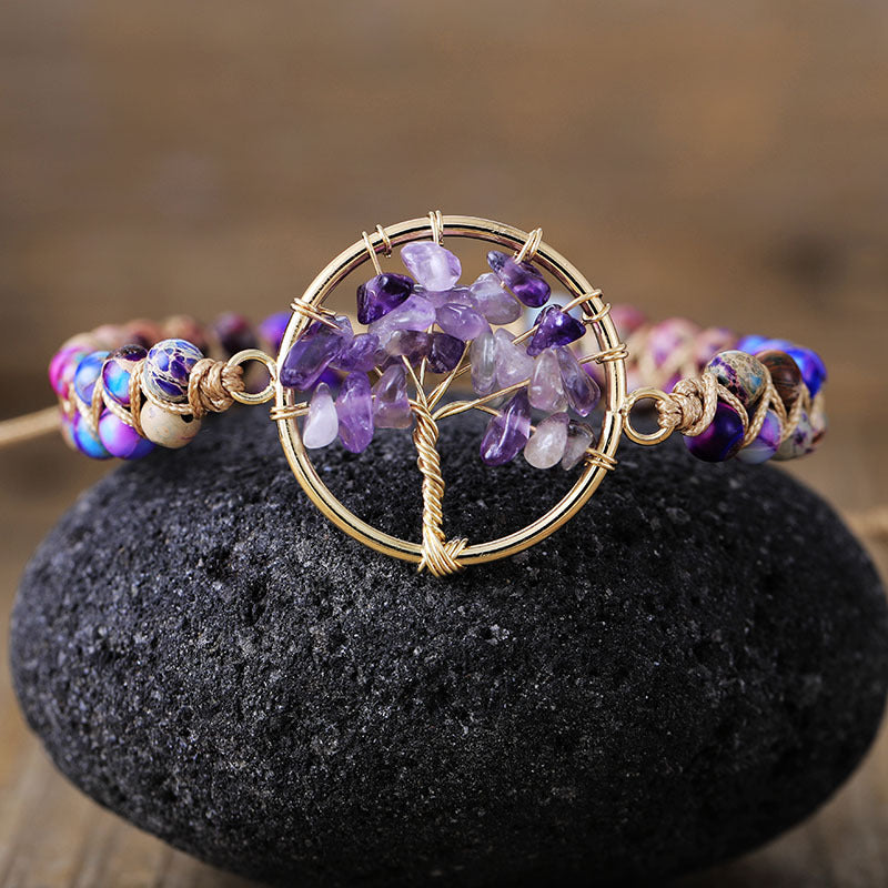 Handcrafted Tree of Life Healing Energy Bracelet with Amethyst and Aventurine Gemstones