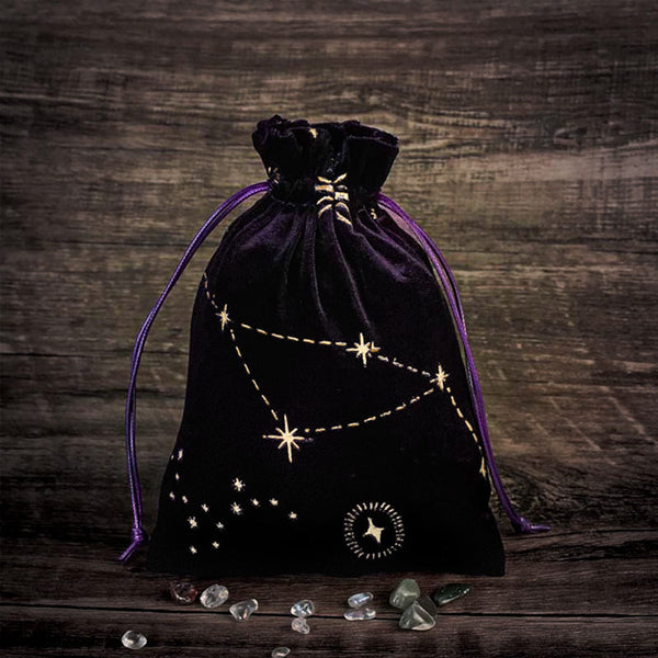 Celestial Velvet Drawstring Bag for Tarot Cards, Crystals, and Spiritual Essentials - Constellation Embroidery in Deep Purple