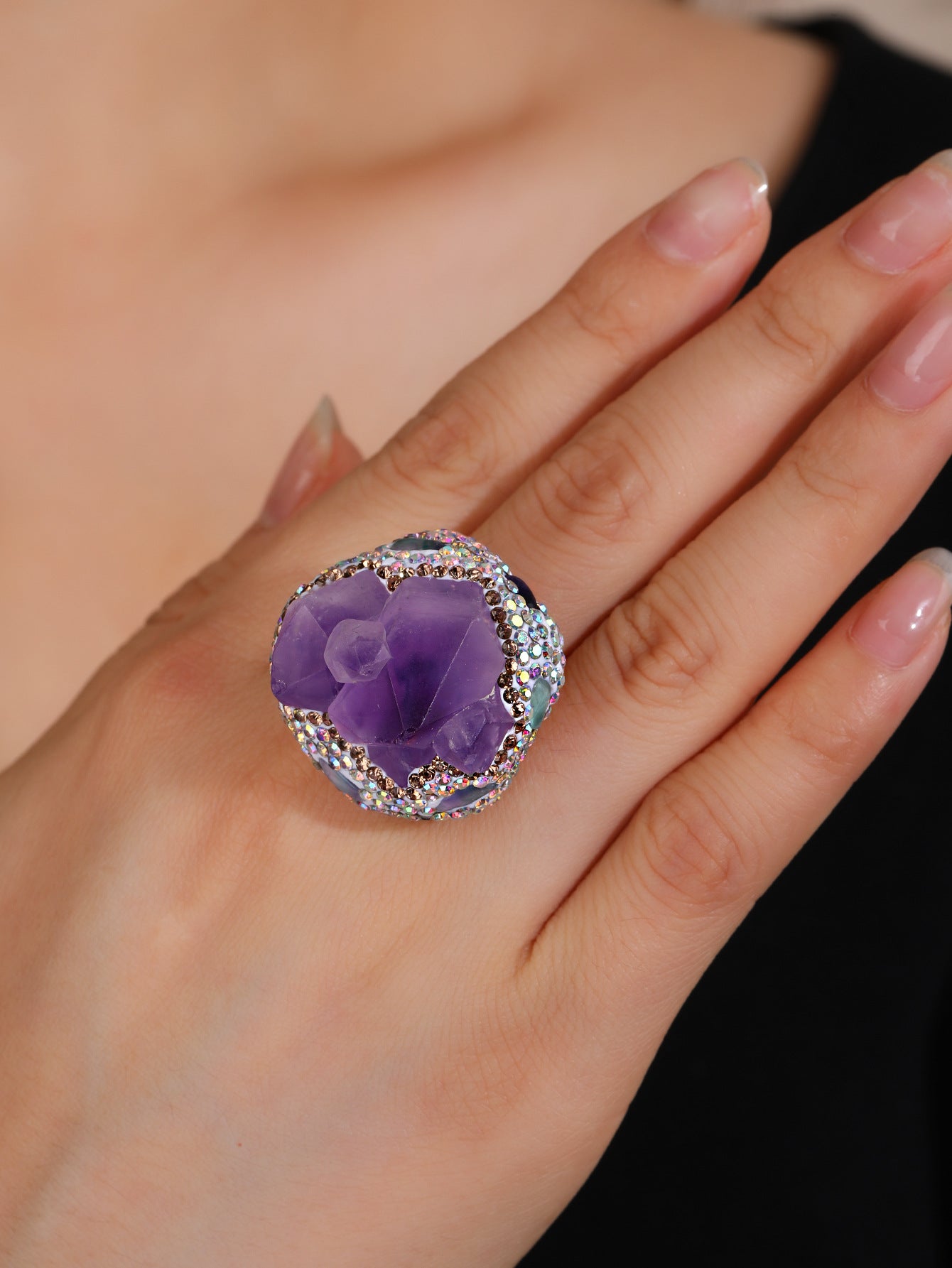 Exquisite  of Amethyst and Aquamarine Crystal Rings with Gold-Plated Band for Healing, Protection, and Calmness