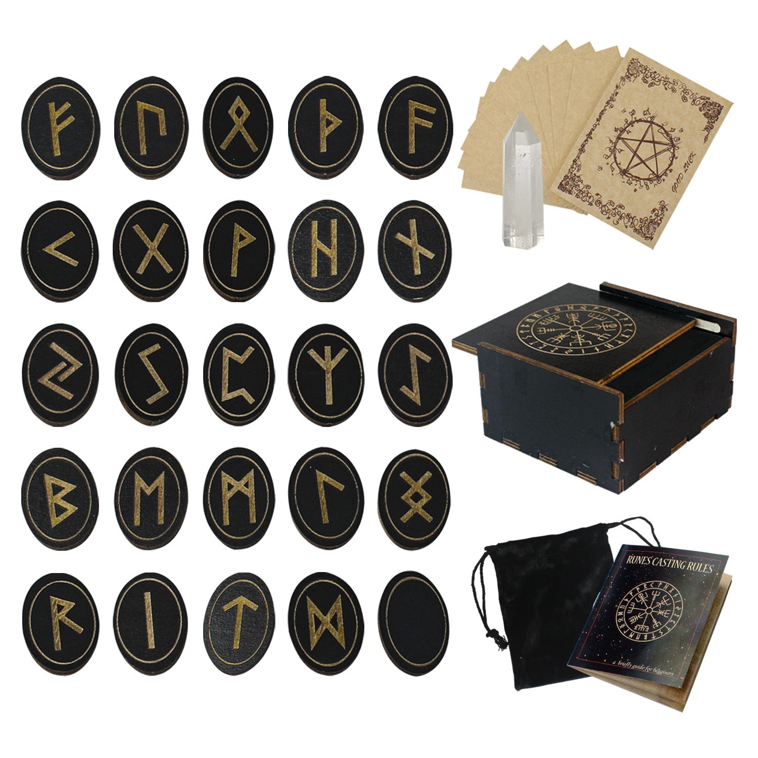 Deluxe Wooden Norse Rune Set for Divination and Spiritual Guidance with Crystal Point and Guidebook