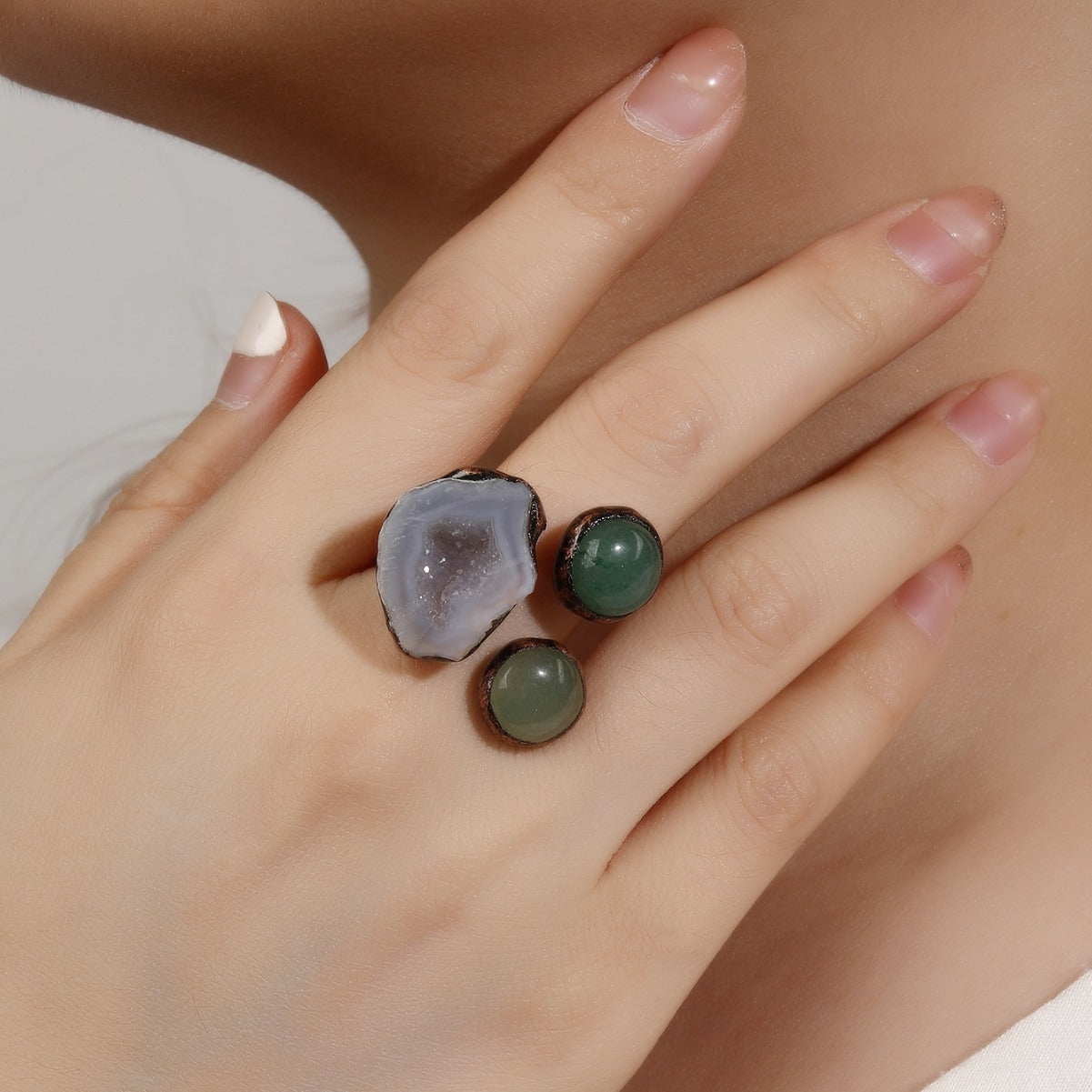 Triple Gemstone Green Aventurine and Agate Druzy Ring with Copper Band for Prosperity, Healing, and Spiritual Balance