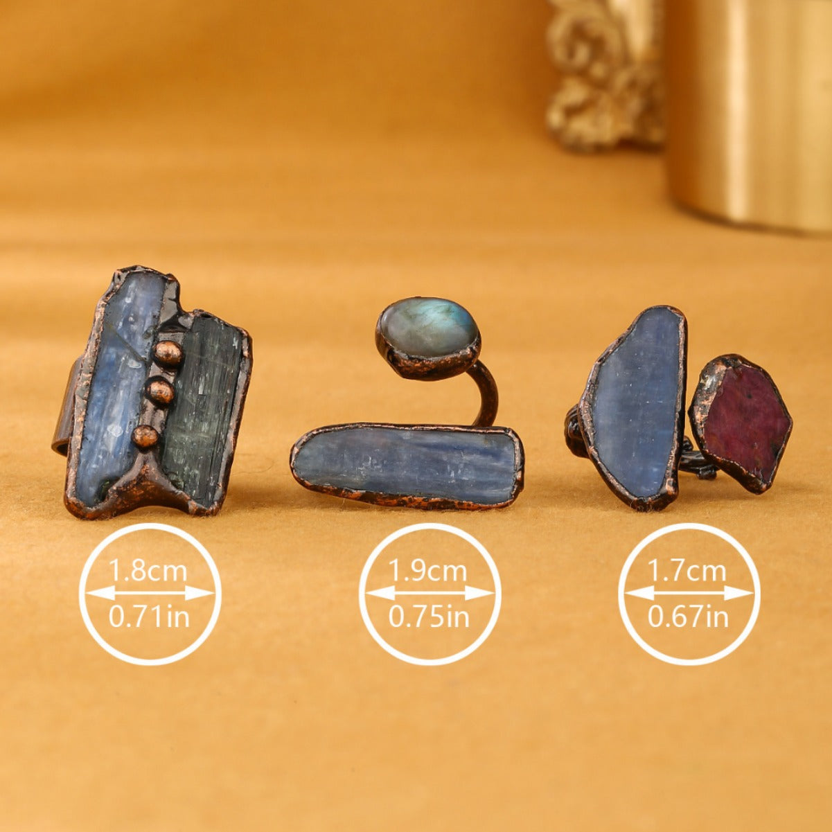 Unique Trio of Mixed Crystal Rings with Raw Kyanite, Labradorite, and Ruby Stones for Healing, Protection, and Intuition