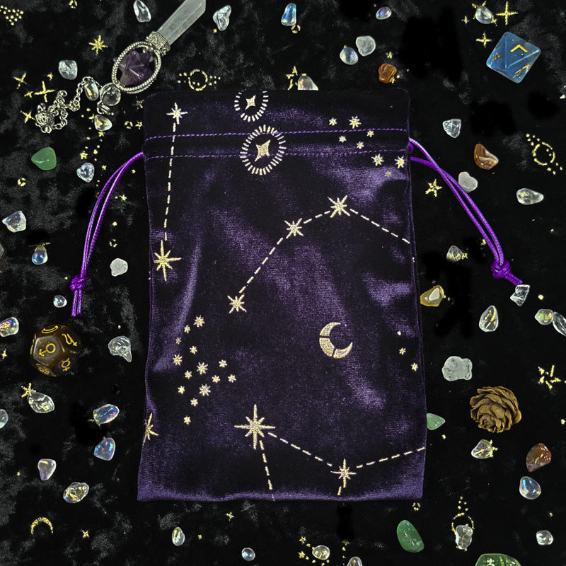 Celestial Velvet Drawstring Bag for Tarot Cards, Crystals, and Spiritual Essentials - Constellation Embroidery in Deep Purple