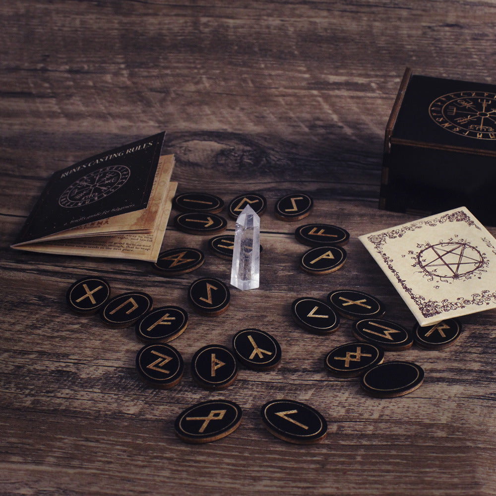 Deluxe Wooden Norse Rune Set for Divination and Spiritual Guidance with Crystal Point and Guidebook