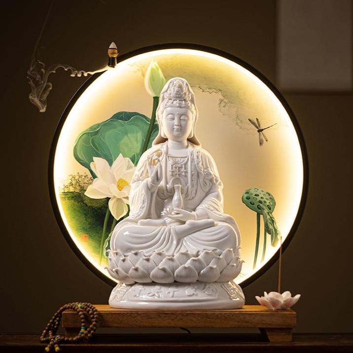 Divine Kuan Yin Lotus Incense Burner with Illuminated Serenity Halo and Backflow Smoke Effect