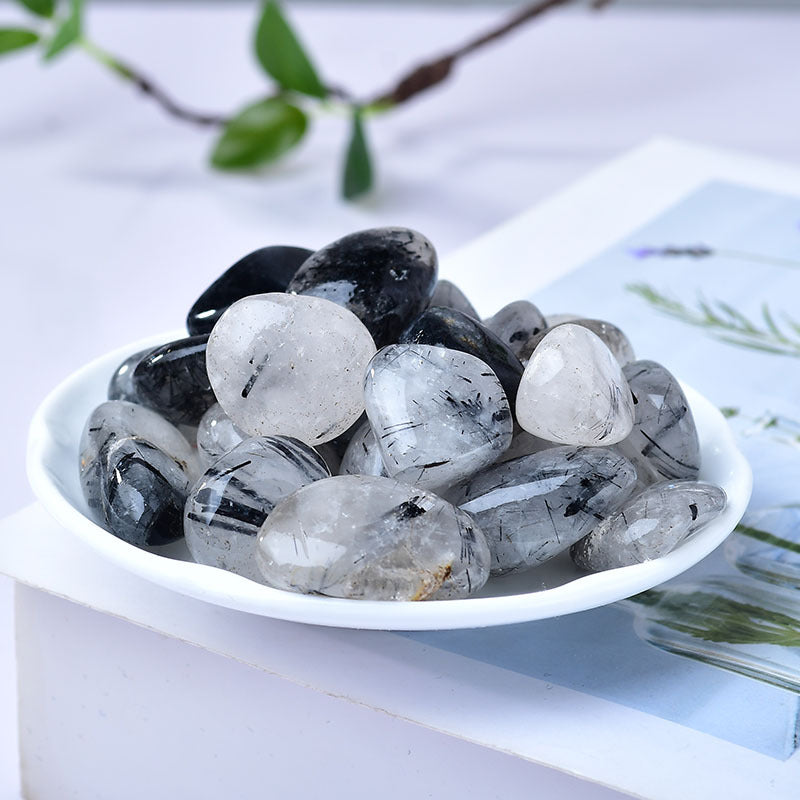 Natural Black Tourmaline in Quartz Tumbled Stones - Polished Healing Crystals for Protection, Grounding, and Energy Cleansing