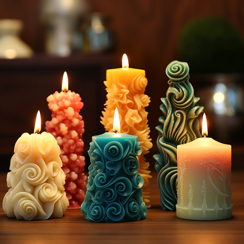 Artisan Sculpted Pillar Candles with Intricate Designs - Decorative Holiday Candles for Spiritual Ambiance and Home Décor