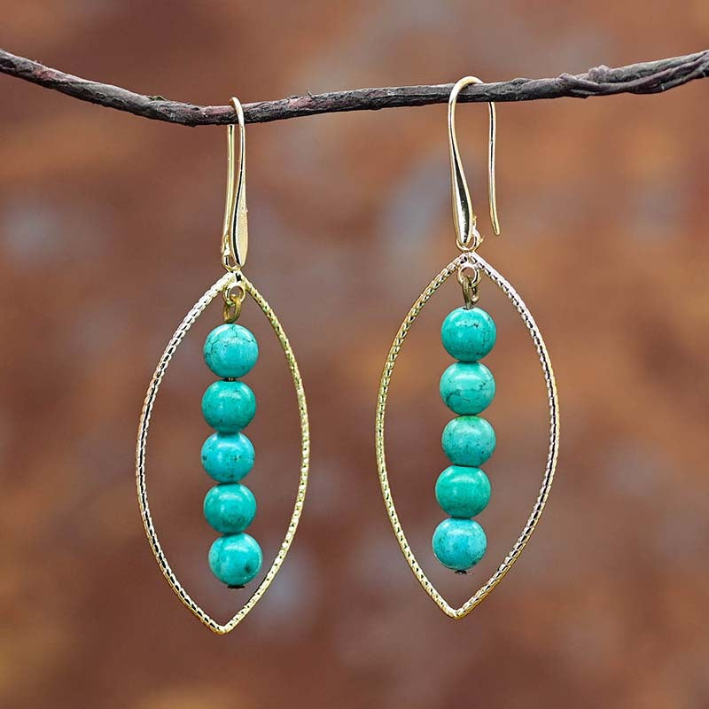 Handcrafted Turquoise Bead Dangle Earrings with Gold-Plated Marquise Frames for Spiritual Protection and Balance