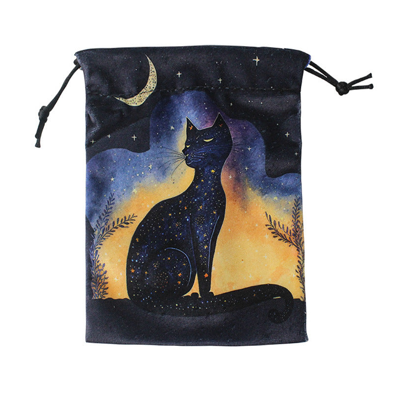 Mystical Black Cat Tarot and Crystal Drawstring Pouch Collection for Spiritual Storage and Protection