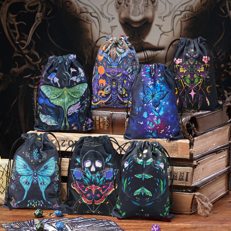 Mystical Moth and Skull Design Velvet Tarot Drawstring Pouch for Crystal and Tarot Storage