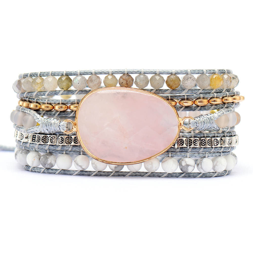 Rose Quartz and Gray Agate Wrap Bracelet for Love, Healing, and Inner Peace