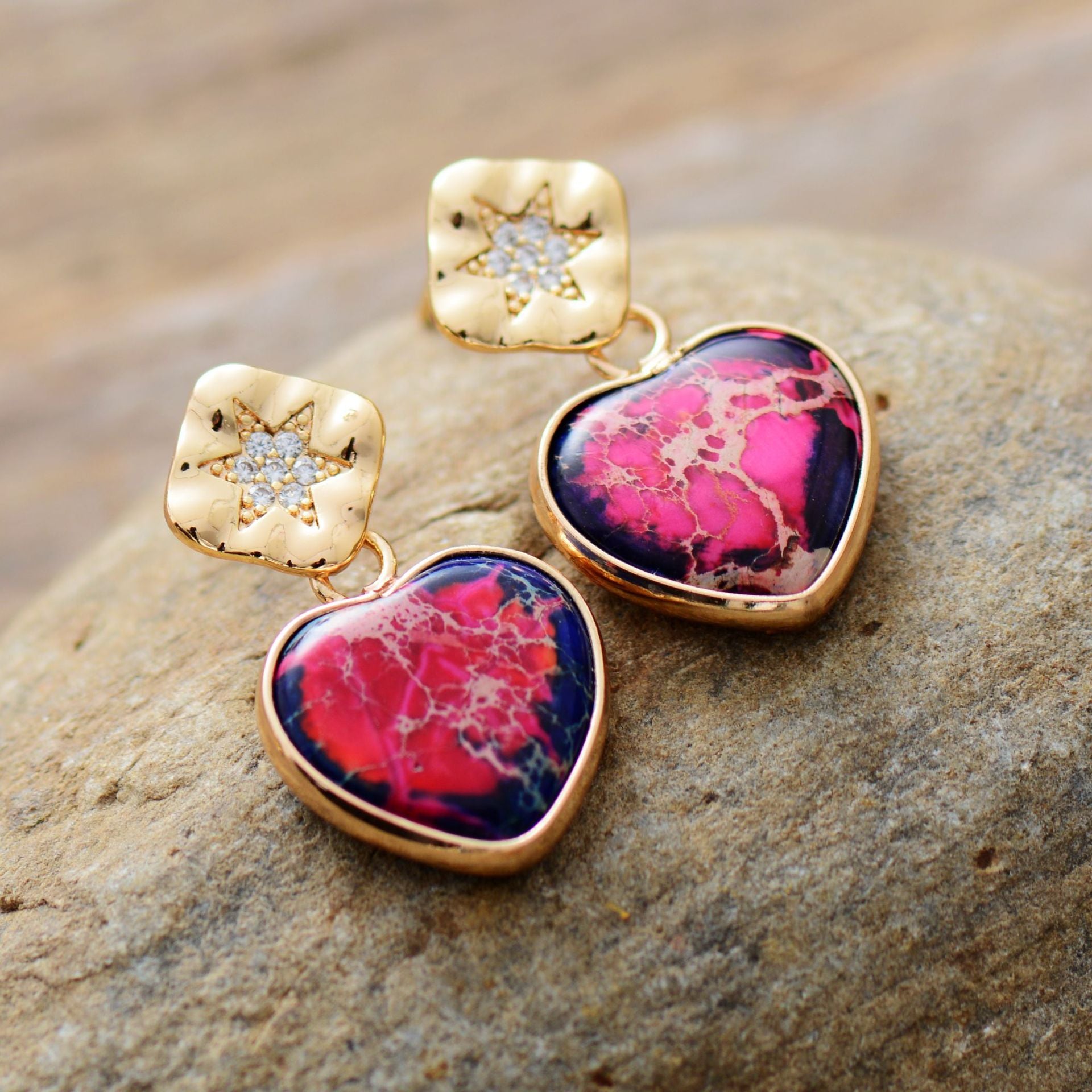 Heart-Shaped Red Jasper and Gold-Plated Love Energy Earrings for Passion and Protection