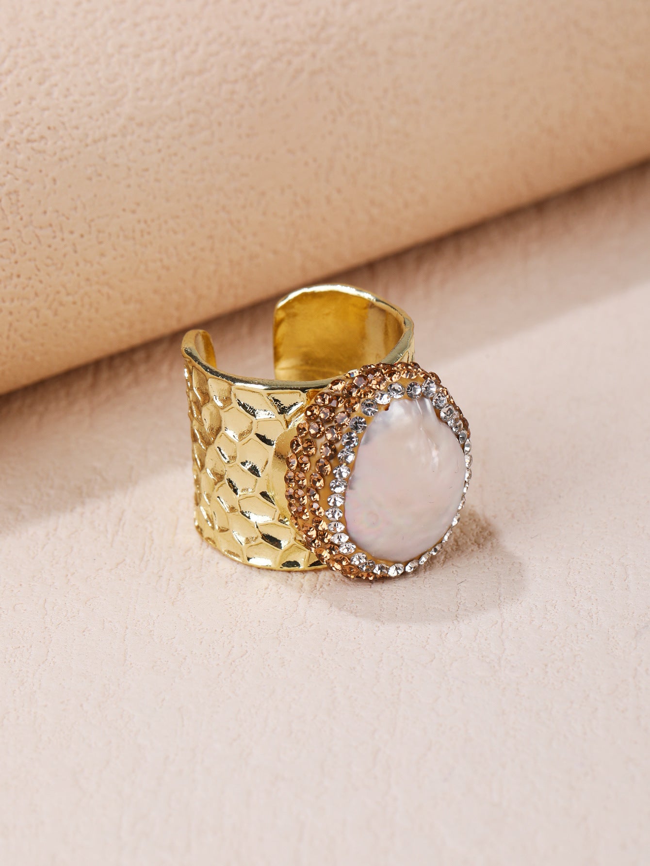 Gold-Plated Moonstone Statement Ring with Crystals – Spiritual Healing Jewelry