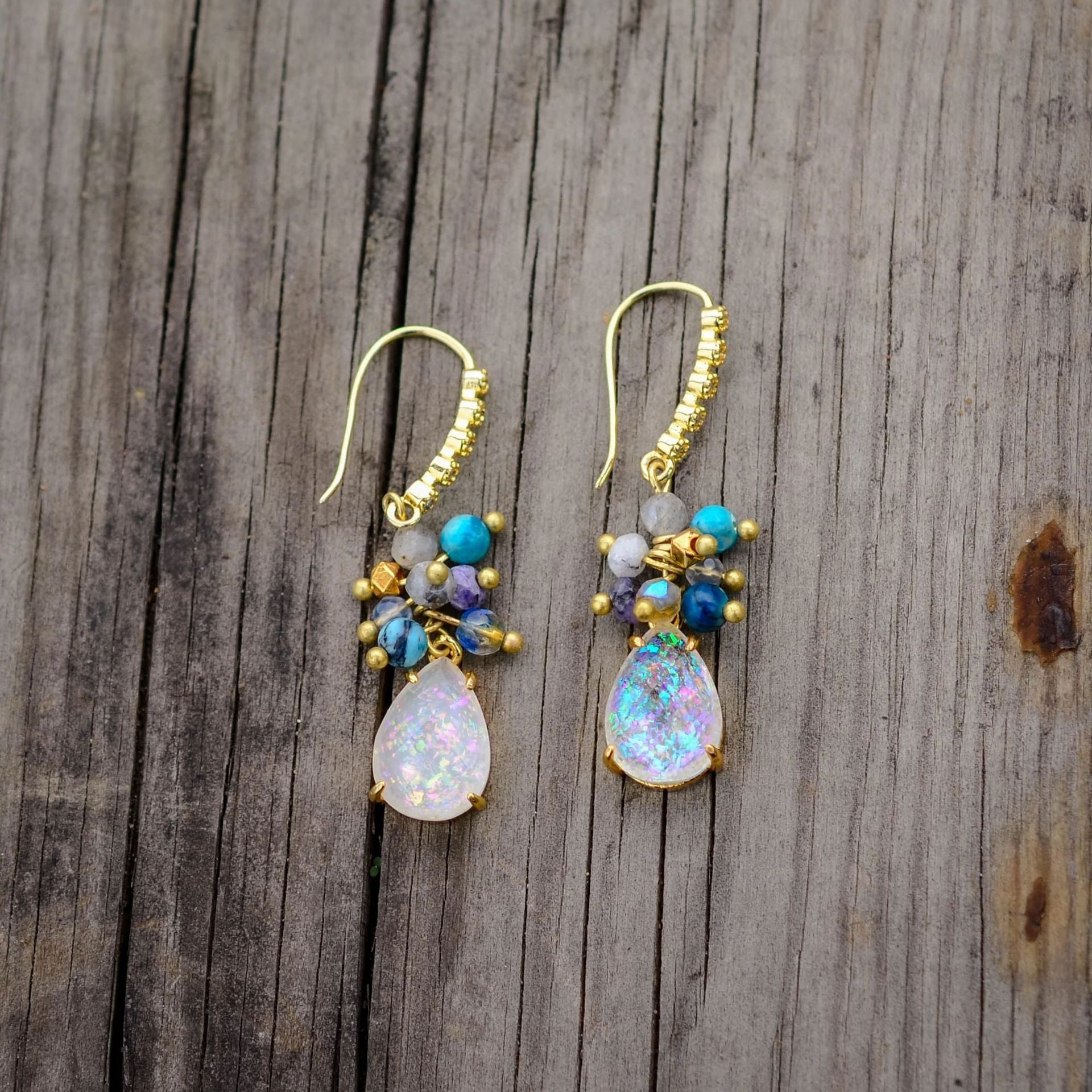 Handcrafted Opal and Turquoise Drop Earrings with Gold Accents for Spiritual Healing and Balance