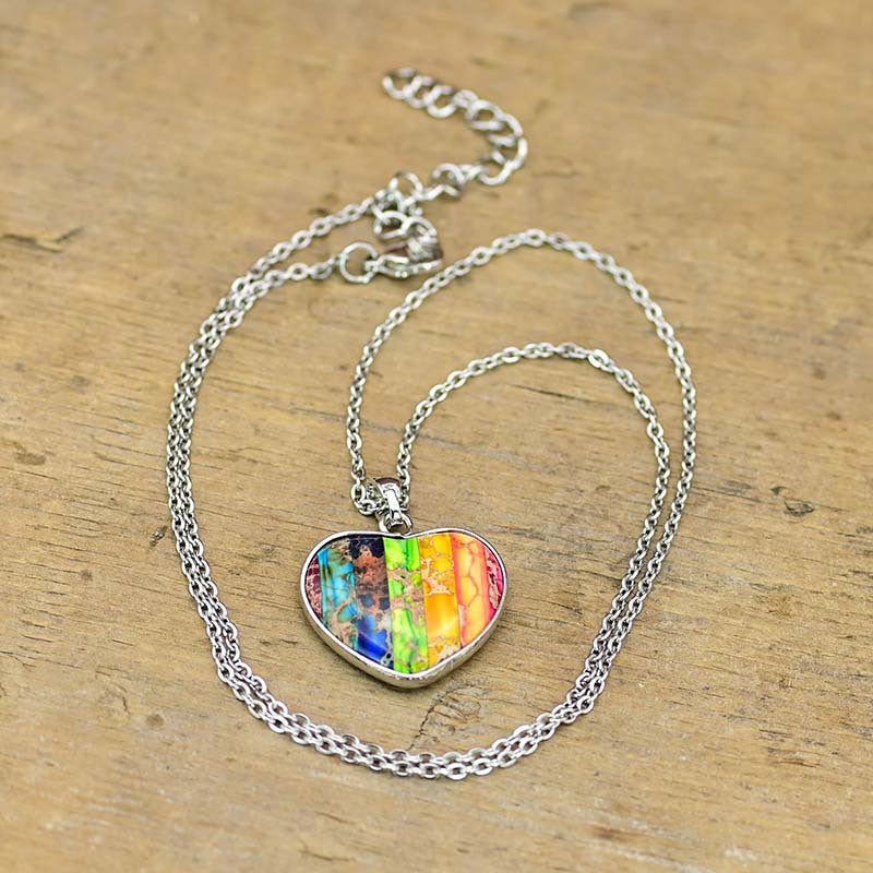 Chakra Healing Heart Pendant Necklace with Rainbow Gemstones for Spiritual Balance