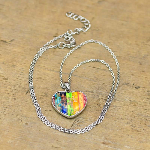 Chakra Healing Heart Pendant Necklace with Rainbow Gemstones for Spiritual Balance