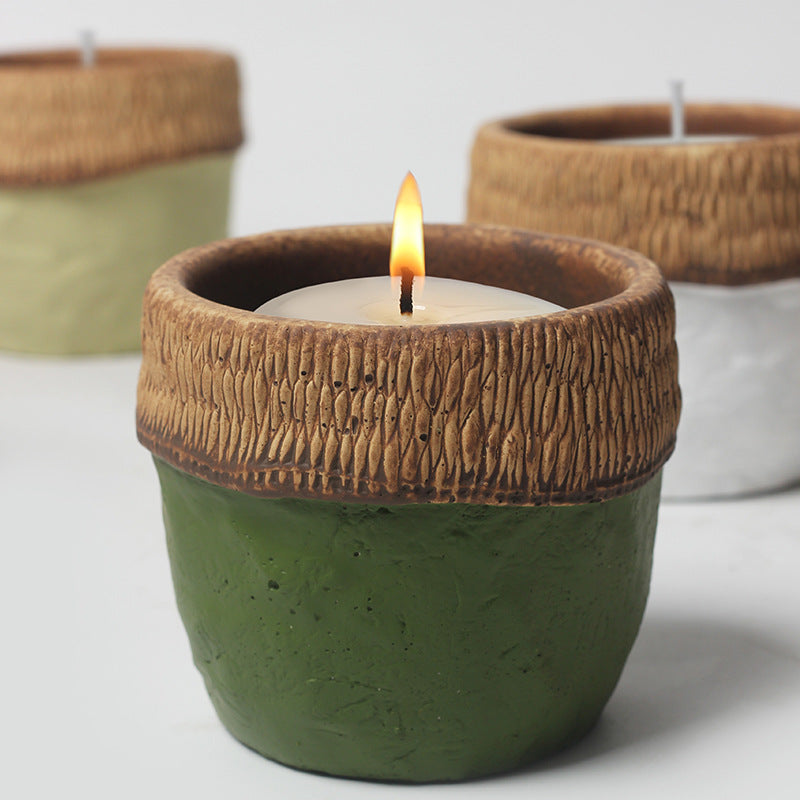 Handcrafted Rustic Ceramic Candle with Woven Rim – Earthy Green, Pink, Deep Black, and Neutral Shades for Tranquil Spiritual Ambiance