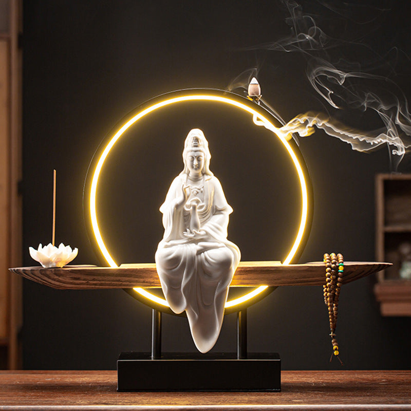 Golden Kuan Yin Illuminated Incense Burner with Lotus and Meditation Aroma Diffuser