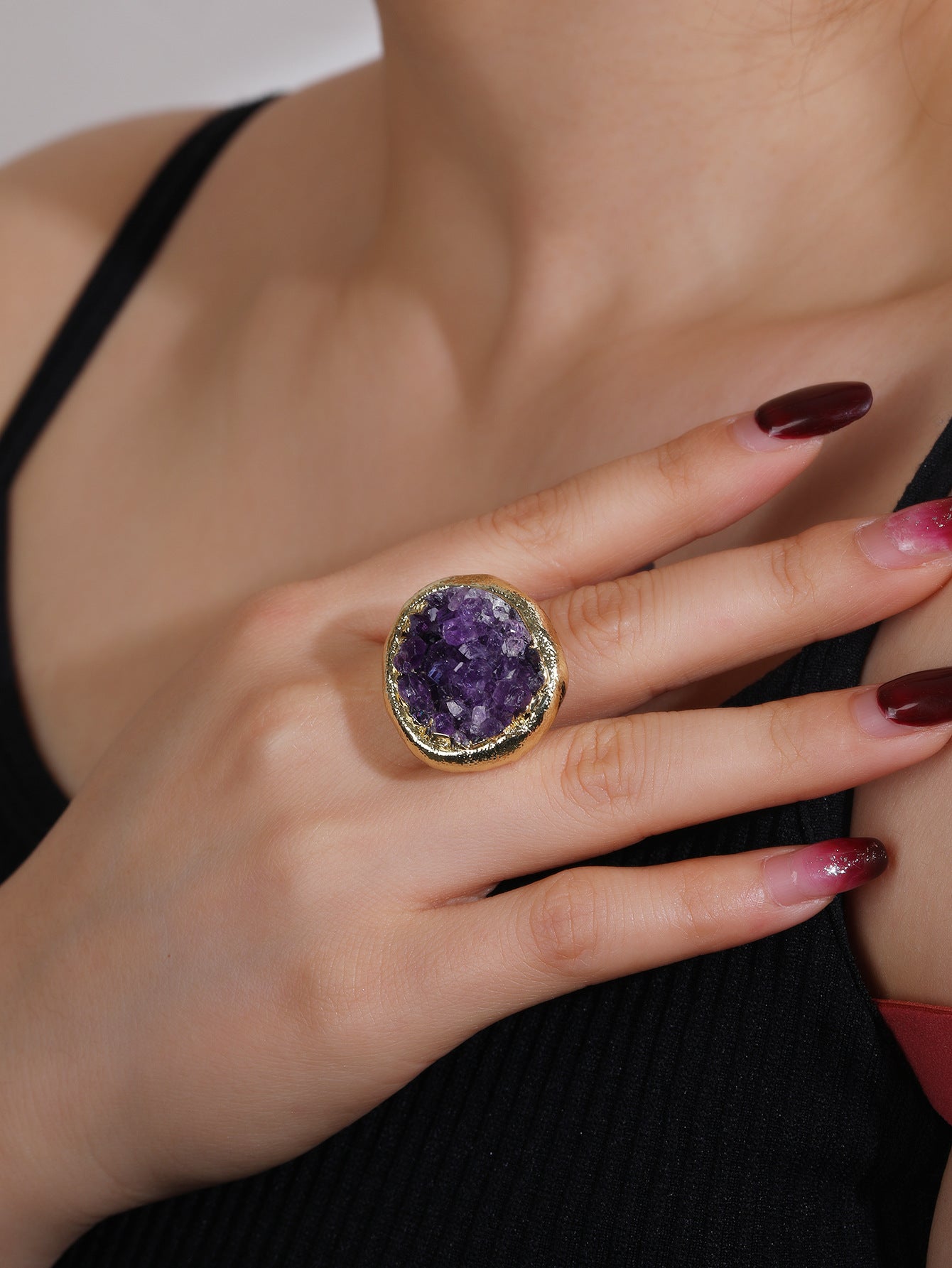 Amethyst Druzy Statement Ring with Gold Plating – Spiritual Healing Crystal Ring