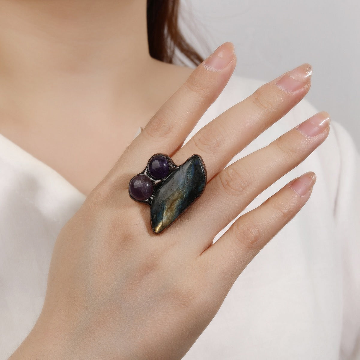 Triple Stone Labradorite and Amethyst Crystal Ring with Rustic Copper Band for Intuition, Protection, and Spiritual Harmony