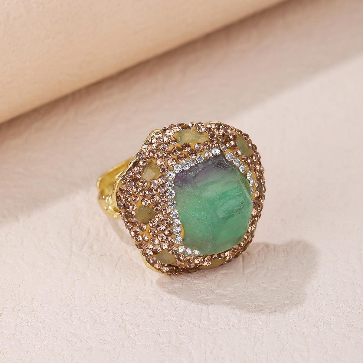 Elegant Green Fluorite Crystal Ring with Gold-Plated Setting for Spiritual Healing and Emotional Balance