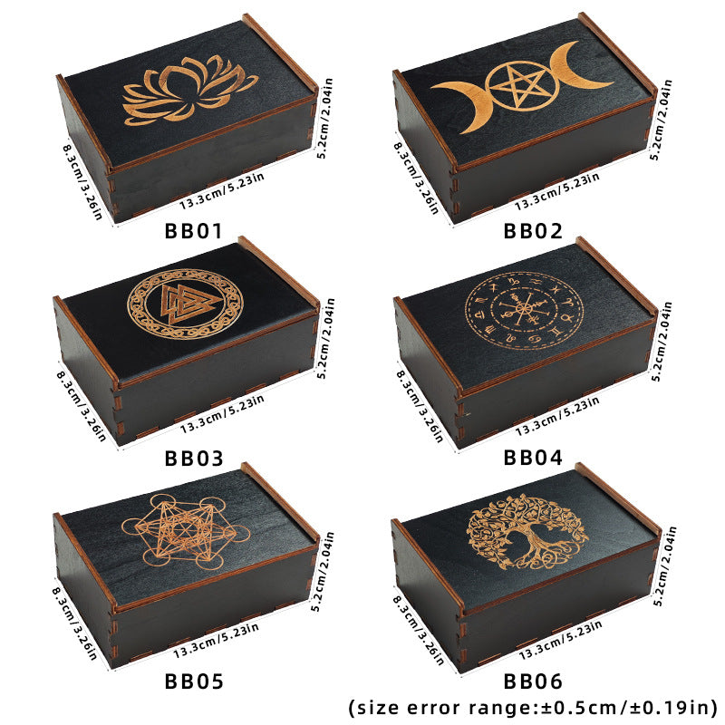 Mystical Wooden Tarot Storage Box with Sacred Symbols – Ideal for Tarot Cards, Crystals, and Ritual Tools