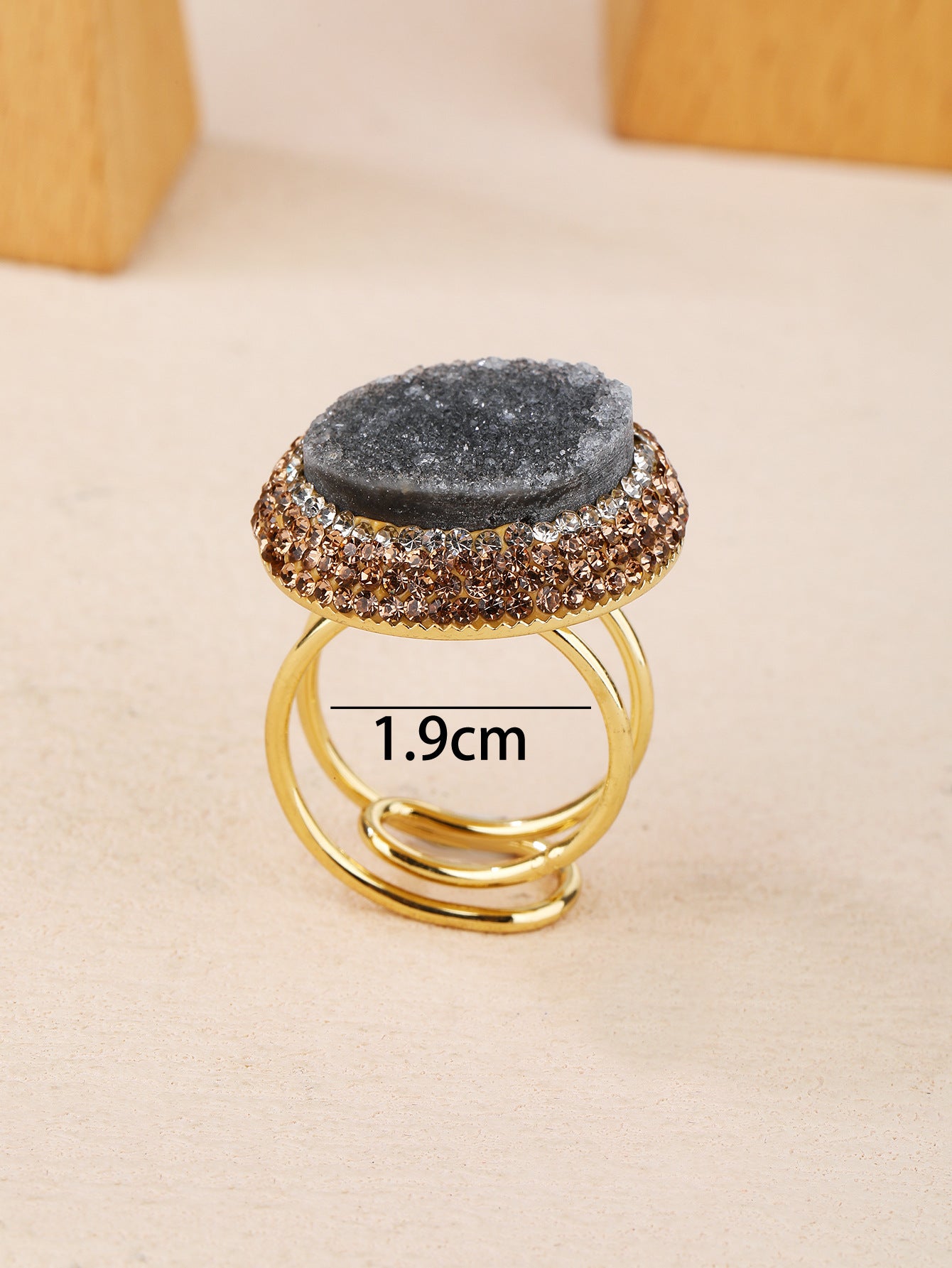 Stunning Black Druzy Crystal Ring with Gold-Plated Adjustable Band for Grounding and Energy Amplification