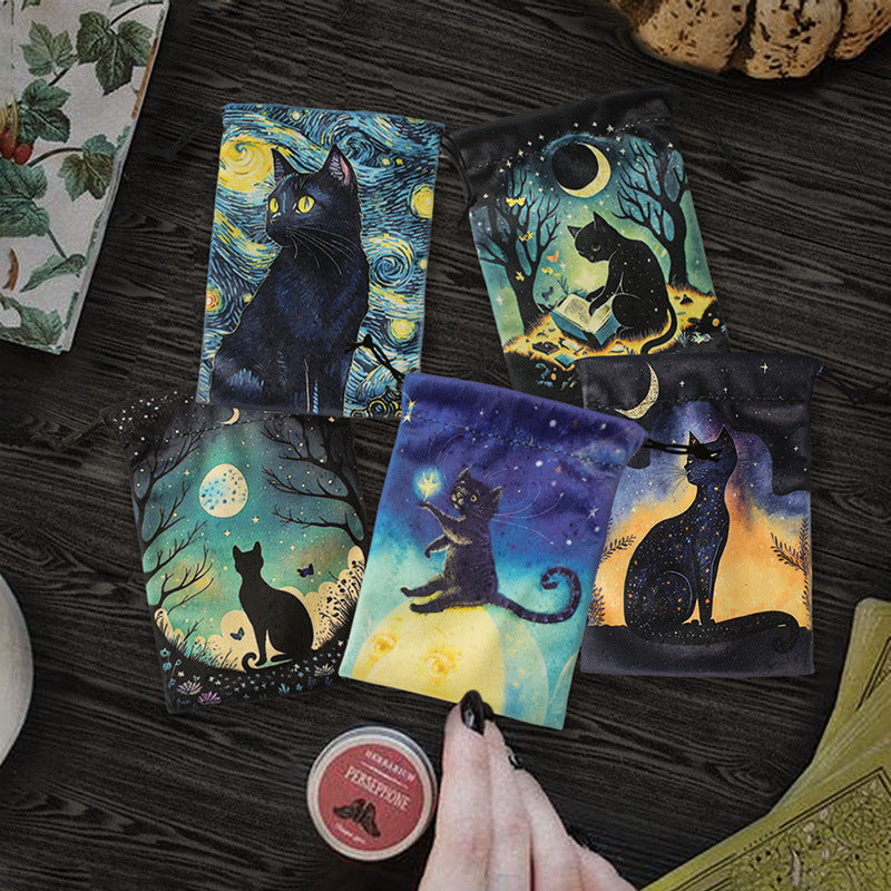 Mystical Black Cat Tarot and Crystal Drawstring Pouch Collection for Spiritual Storage and Protection