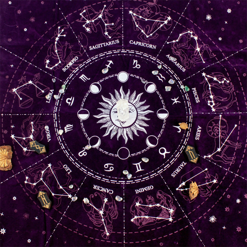 Astrological Zodiac Velvet Altar Cloth for Tarot Reading and Crystal Grid Rituals – Available in Black and Purple