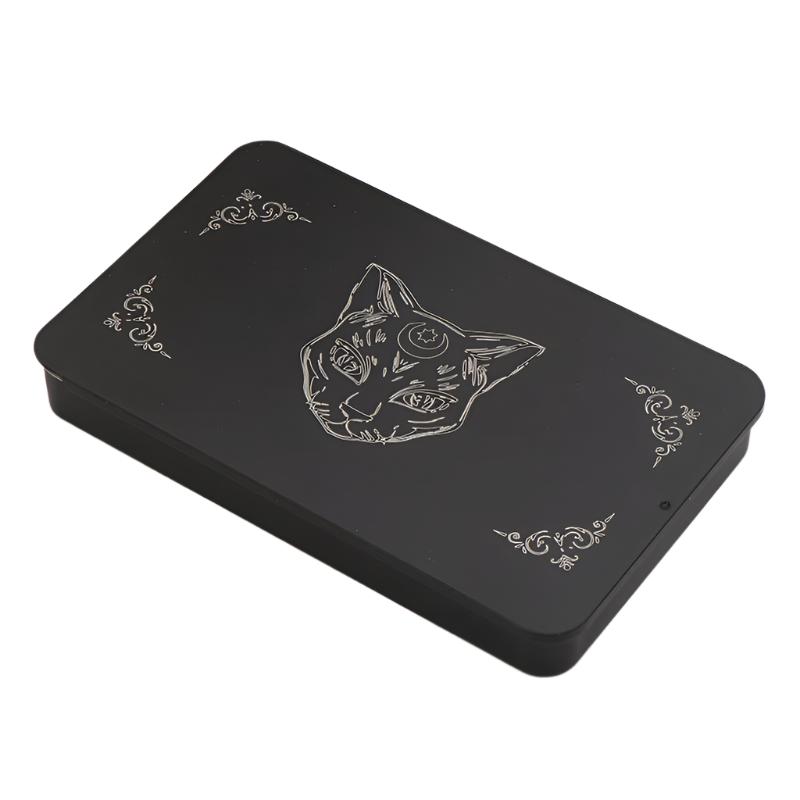 Mystical Zodiac and Sacred Cat Design Black Metal Storage Box – Ideal for Safely Storing Tarot Cards, Crystals, and Essential Spiritual Tools for the Modern Practitioner