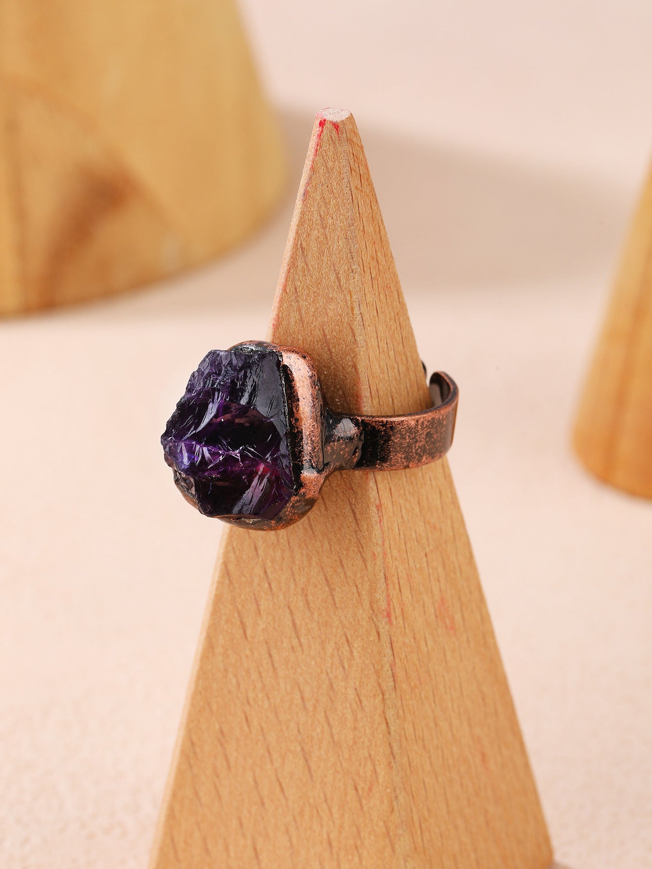 Rustic Amethyst Crystal Ring with Copper Band for Spiritual Healing and Calm Energy