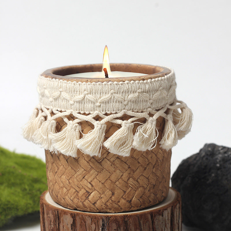 Boho Chic Tassel-Trimmed Natural Soy Candle in Handcrafted Woven Container for Spiritual Healing and Meditation