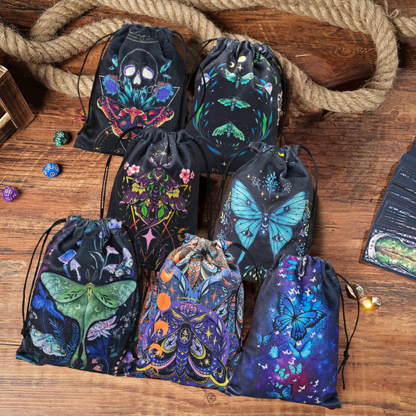 Mystical Moth and Skull Design Velvet Tarot Drawstring Pouch for Crystal and Tarot Storage