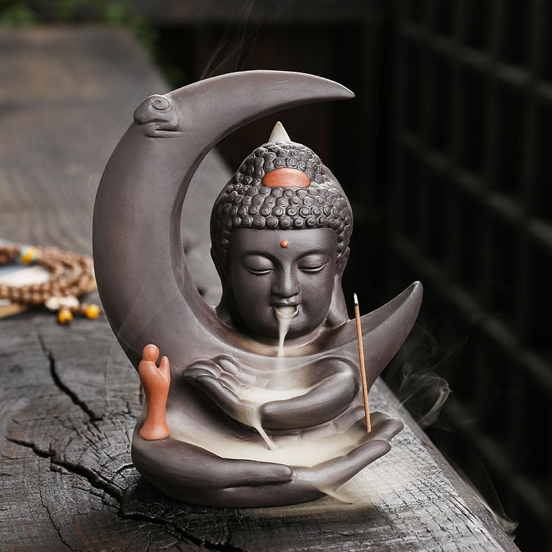 Buddha and Crescent Moon Backflow Incense Burner for Meditation, Mindfulness, and Spiritual Zen Decor