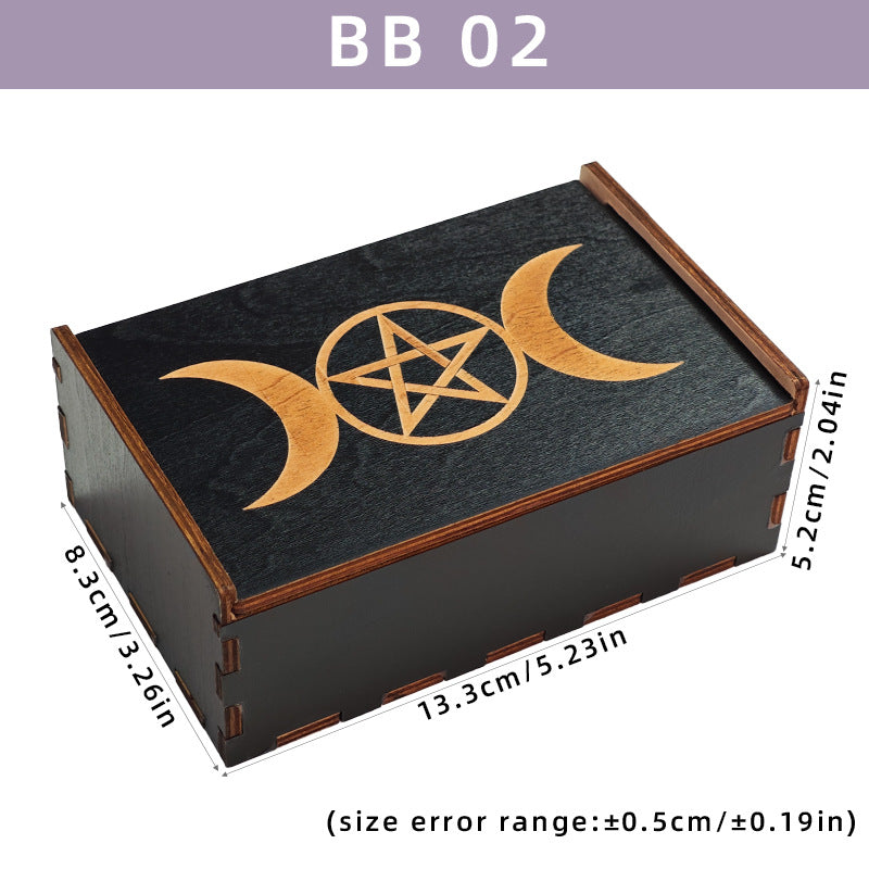 Mystical Wooden Tarot Storage Box with Sacred Symbols – Ideal for Tarot Cards, Crystals, and Ritual Tools