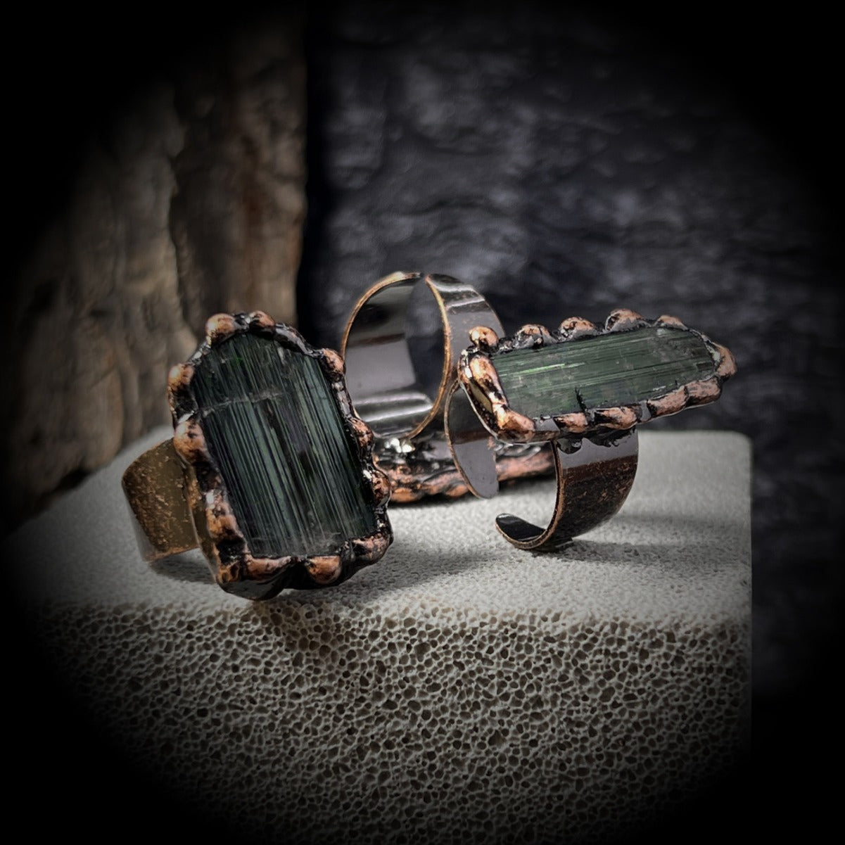 Raw Green Tourmaline Crystal Protection Ring with Adjustable Copper Band for Energy Cleansing and Grounding