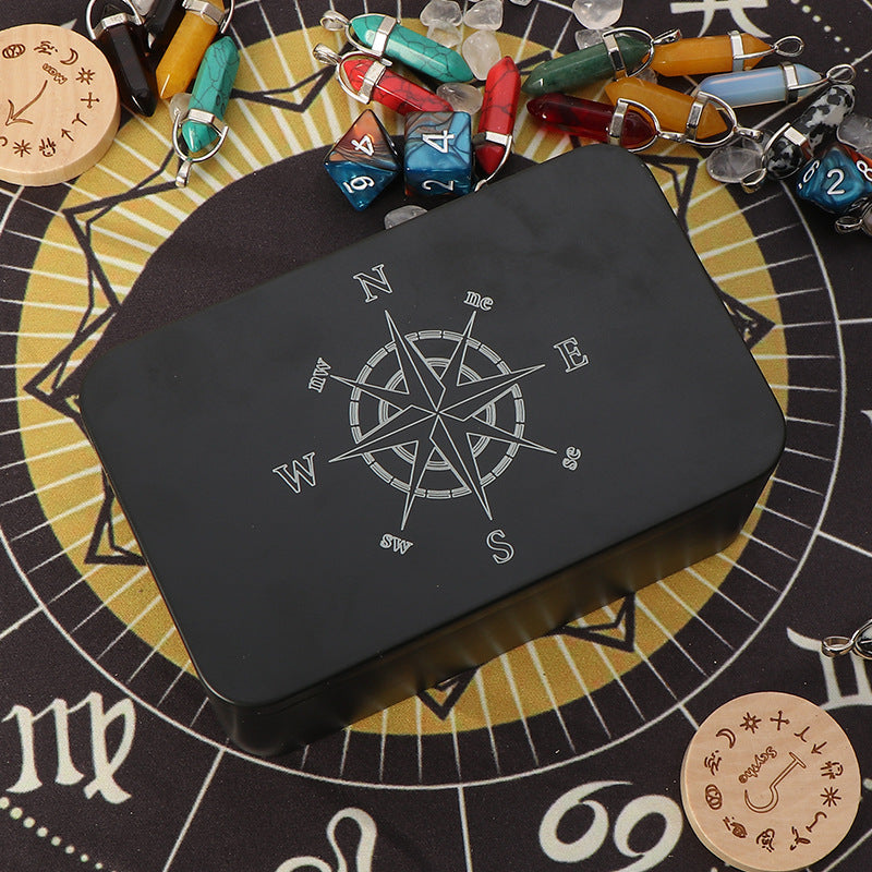 Premium Black Metal Storage Box with Intricate Engraved Compass Design – Ideal for Safely Storing Tarot Cards, Crystals, Runes, and Sacred Spiritual Tools