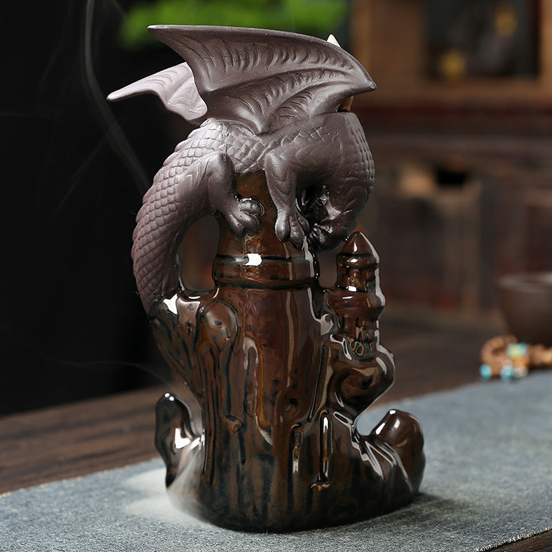 Dragon Perched on Castle Backflow Incense Burner – Mystical Aromatherapy for Spiritual Protection and Meditation