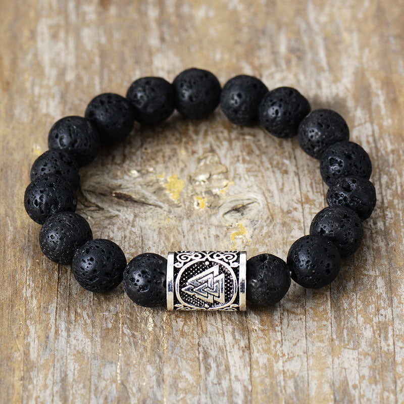 Lava Stone Protection Bracelet with Valknut Symbol