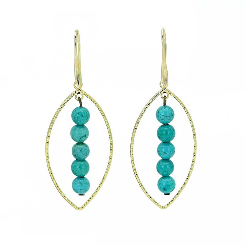 Handcrafted Turquoise Bead Dangle Earrings with Gold-Plated Marquise Frames for Spiritual Protection and Balance