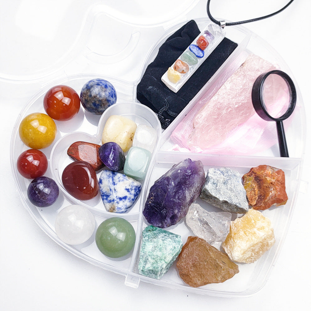 Heart-Shaped Crystal Collection Kit for Healing and Meditation – Assorted Raw and Tumbled Gemstones, Chakra Stones, and Quartz Pendant in a Heart-Shaped Storage Case