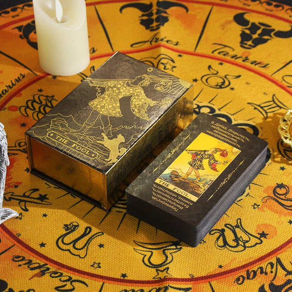 Luxurious Gold Foil Tarot Deck with Astrological Motifs for Spiritual Guidance and Divination