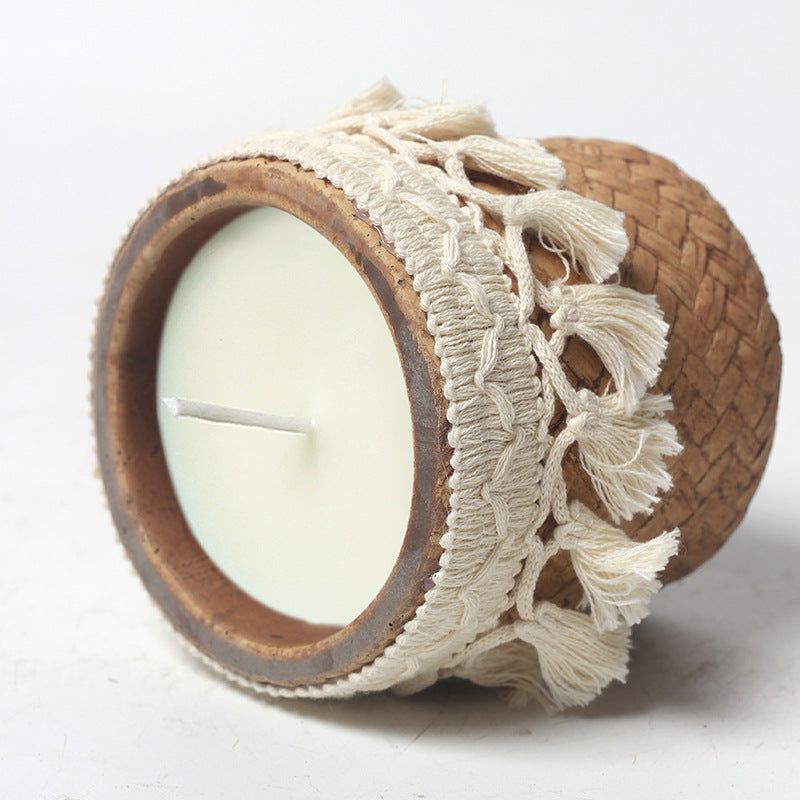 Boho Chic Tassel-Trimmed Natural Soy Candle in Handcrafted Woven Container for Spiritual Healing and Meditation