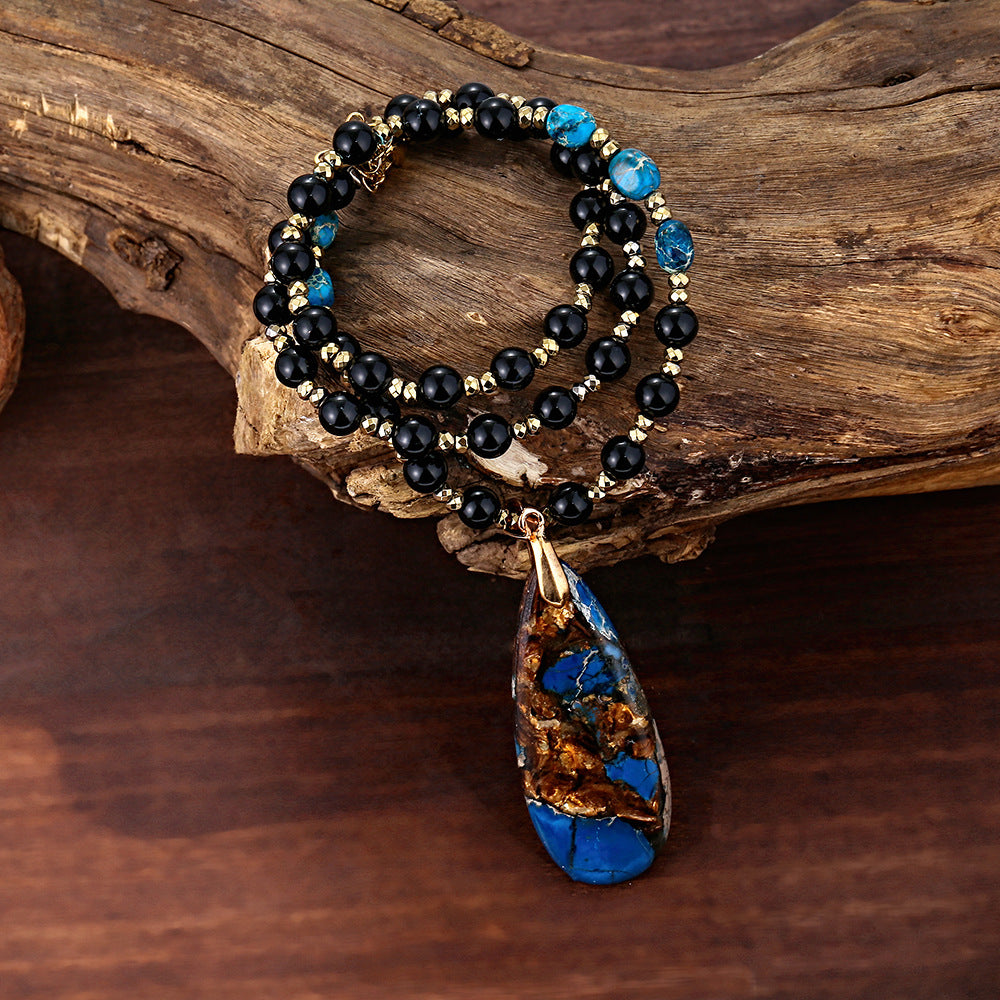 Handcrafted Black and Blue Gemstone Necklace with Large Teardrop Pendant for Protection and Spiritual Healing