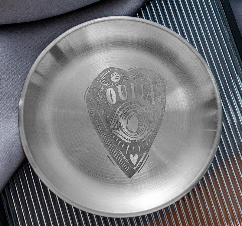 Intricately Etched Stainless Steel Altar Plate for Spiritual Rituals and Sacred Space Decor – 14cm Diameter, Featuring Unique Esoteric Designs