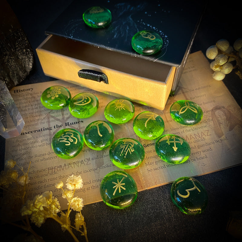 Witch Rune Set with Green Glass Stones – Divination Tools for Spiritual Guidance, Magic, and Rituals