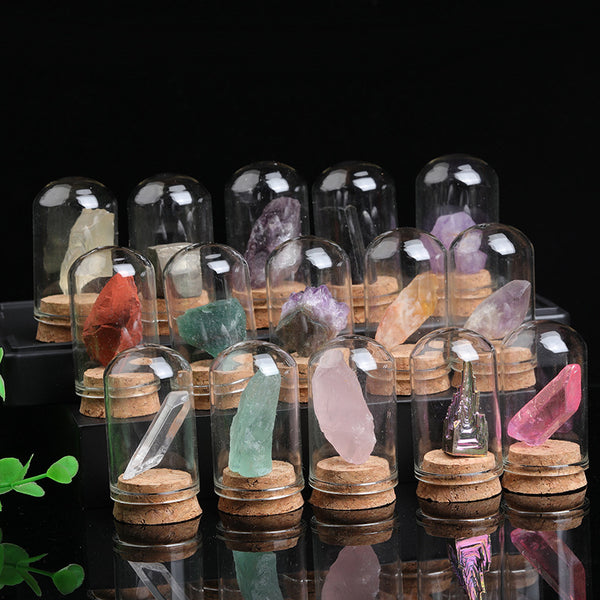 Mini Crystal Specimens in Glass Dome Display – Healing Stones Collection for Energy Balancing and Spiritual Decor