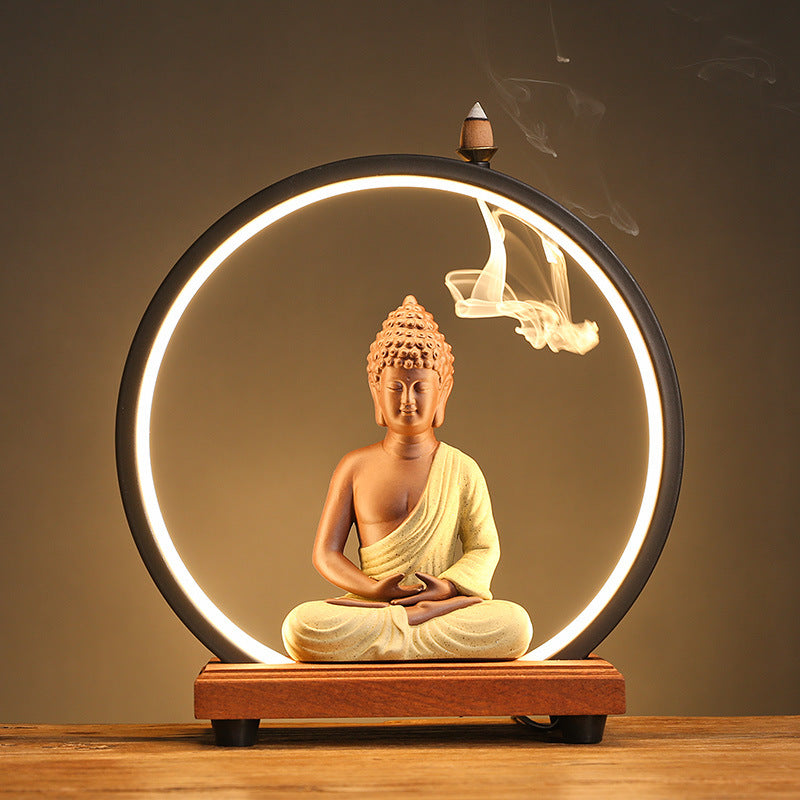 Illuminated Buddha Backflow Incense Burner with LED Halo – Serene Aromatherapy and Meditation Decor