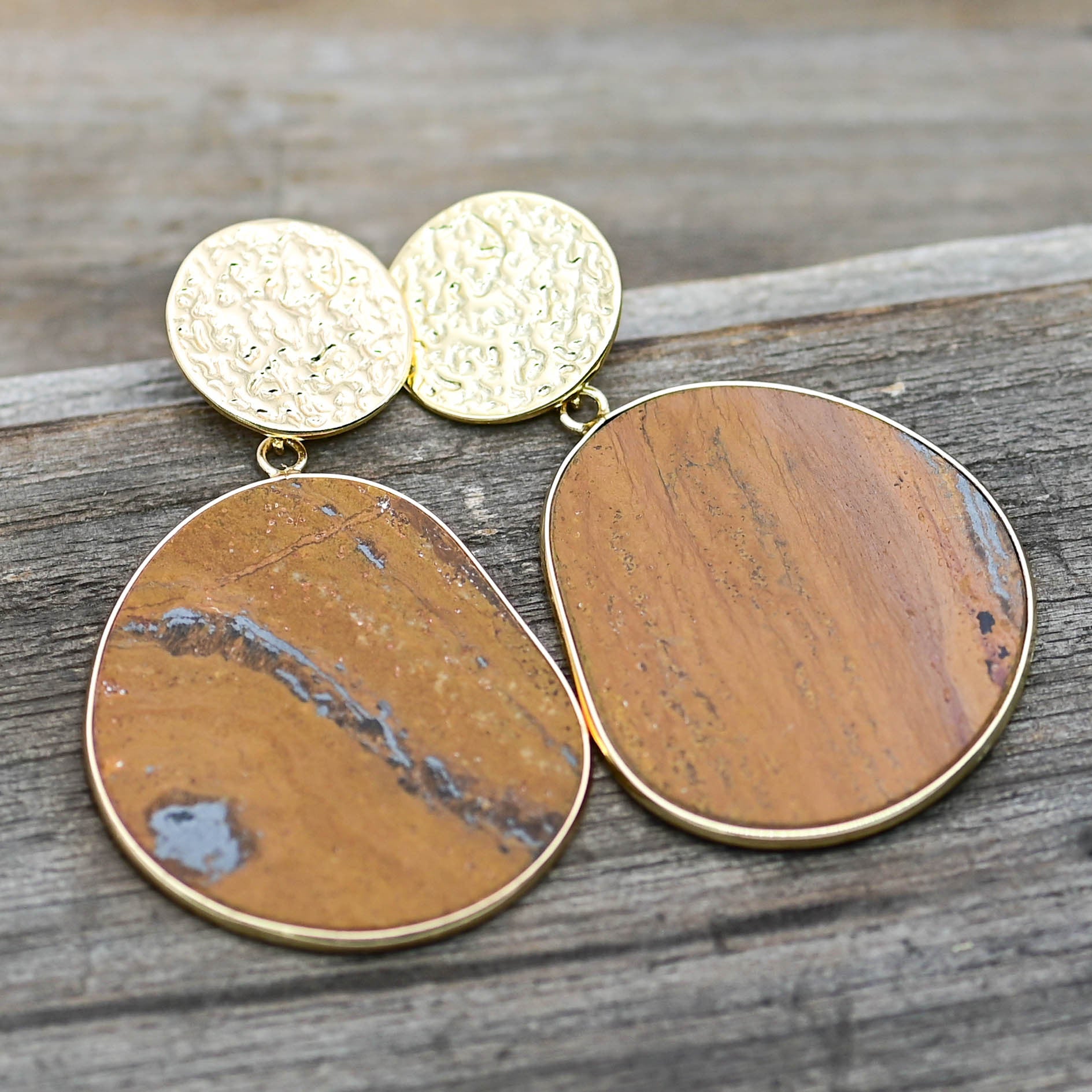 Handcrafted Tiger Iron and Brass Statement Earrings with Spiritual Healing Properties